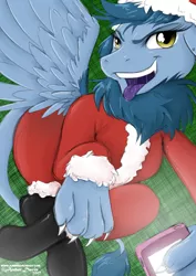 Size: 905x1280 | Tagged: safe, artist:sonicsweeti, derpibooru import, oc, oc:rainy, unofficial characters only, gryphon, christmas, clothes, commission, costume, digital art, griffon oc, holiday, looking at you, mobile phone, paws, phone, santa costume, smartphone, solo, tail, tongue out, wings