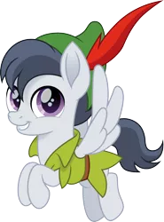Size: 1110x1500 | Tagged: safe, artist:cloudyglow, derpibooru import, rumble, pegasus, pony, clothes, colt, crossover, cute, disney, flying, hat, looking at you, male, movie accurate, peter pan, rumblebetes, simple background, smiling, smiling at you, solo, transparent background