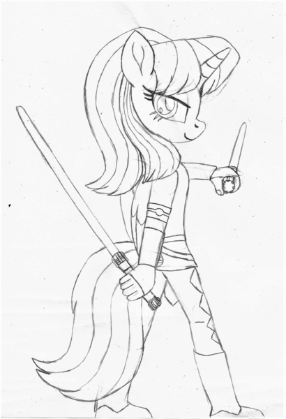 Size: 1334x1954 | Tagged: alicorn, alicorn oc, anthro, artist:ejlightning007arts, clothes, crossover, derpibooru import, duel wielding, horn, jedi, lightsaber, oc, oc:hsu amity, safe, star wars, traditional art, unofficial characters only, weapon, wings