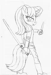 Size: 1334x1954 | Tagged: alicorn, alicorn oc, anthro, artist:ejlightning007arts, clothes, crossover, derpibooru import, duel wielding, horn, jedi, lightsaber, oc, oc:hsu amity, safe, star wars, traditional art, unofficial characters only, weapon, wings