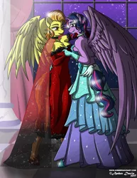 Size: 791x1024 | Tagged: alicorn, anthro, artist:sonicsweeti, ballroom, breasts, busty spitfire, busty twilight sparkle, clothes, commission, crack shipping, dancing, derpibooru import, digital art, dress, female, gala dress, horn, lesbian, looking at each other, pegasus, safe, shipping, spitfire, twifire, twilight sparkle, twilight sparkle (alicorn), unguligrade anthro, window, wings