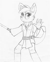 Size: 1469x1810 | Tagged: anthro, artist:ejlightning007arts, clothes, crossover, derpibooru import, eevee, hybrid, hybrid oc, jedi, lightsaber, looking up, oc, oc:rainbow eevee, pokémon, safe, star wars, traditional art, unofficial characters only, weapon