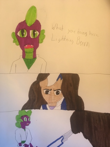 Size: 3024x4032 | Tagged: safe, artist:carlos324, derpibooru import, spike, oc, oc:carlos, oc:lightning burn, oc:lost storyteller, dragon, pegasus, pony, abuse, crossover, male, my little pony, order 66, spikeabuse, stallion, star wars: revenge of the sith, this will end in death, traditional art