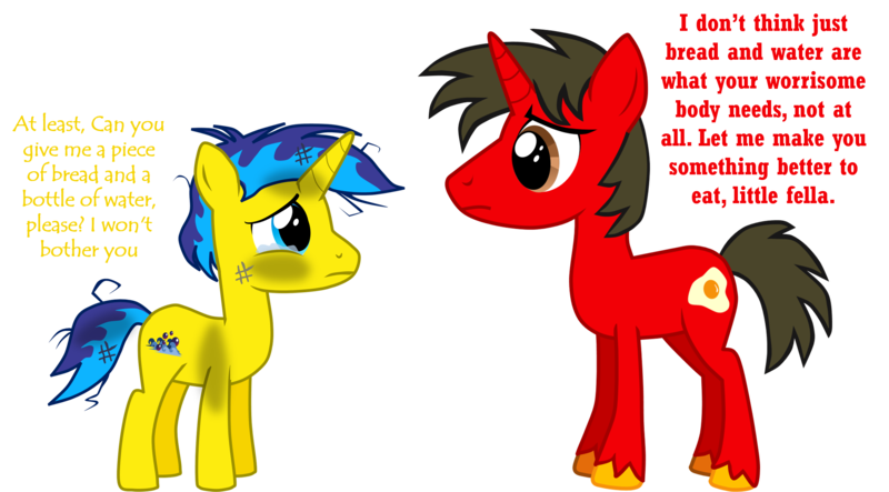 Size: 2475x1370 | Tagged: safe, artist:shadymeadow, derpibooru import, oc, oc:fried egg, oc:louie poisonsea, unofficial characters only, pony, unicorn, colt, male, simple background, stallion, teary eyes, transparent background