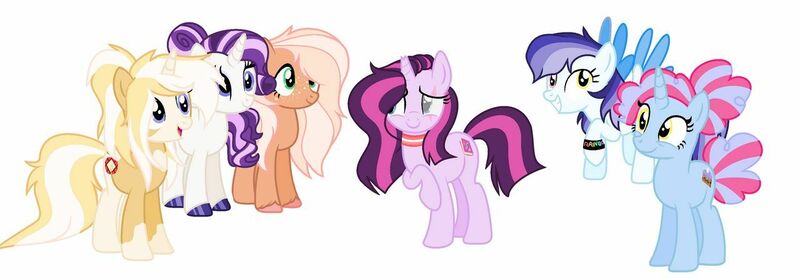 Size: 1280x446 | Tagged: safe, artist:thecyborgartist, derpibooru import, oc, oc:bubble storm, oc:caramel jersey, oc:fizzy pop, oc:gemstone, oc:glitter strike, oc:sweet apple, earth pony, pegasus, pony, unicorn, choker, coat markings, derp, eye scar, female, freckles, heterochromia, magical lesbian spawn, mare, next generation, offspring, parent:applejack, parent:big macintosh, parent:derpy hooves, parent:fluttershy, parent:pinkie pie, parent:pokey pierce, parent:rainbow dash, parent:tempest shadow, parent:trenderhoof, parent:twilight sparkle, parents:derpydash, parents:fleurity, parents:fluttermac, parents:pokeypie, parents:tempestlight, parents:trenderjack, scar, simple background, white background