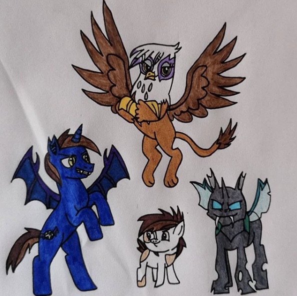 Size: 594x592 | Tagged: safe, artist:agirlwholovesmlp, derpibooru import, gilda, pipsqueak, thorax, oc, unnamed oc, bat pony, changeling, earth pony, gryphon, pony, bat pony oc, bat wings, colt, fangs, female, flying, foal, looking at you, male, simple background, smiling, standing, traditional art, white background, wings