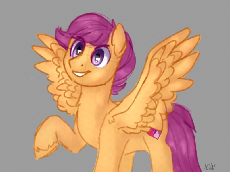 Size: 1024x768 | Tagged: safe, artist:holdytussigwpigeon, artist:importantgreatwake, artist:pigeorgien, derpibooru import, scootaloo, pegasus, pony, female, filly, gray background, raised hoof, simple background, smiling, solo, spread wings, wings