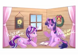 Size: 1224x881 | Tagged: safe, artist:leafywind, derpibooru import, starlight glimmer, twilight sparkle, twilight sparkle (alicorn), alicorn, pony, unicorn, book, christmas, christmas wreath, duo, female, holiday, mare, obtrusive watermark, watermark, wreath