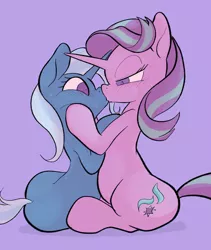 Size: 1726x2048 | Tagged: safe, artist:noupu, derpibooru import, starlight glimmer, trixie, pony, unicorn, blushing, female, kissing, lesbian, looking at each other, mare, shipping, sitting, squishy cheeks, startrix, surprise kiss, surprised