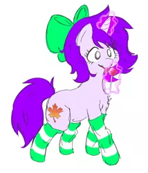 Size: 1652x1929 | Tagged: safe, artist:doodlegamertj, derpibooru import, oc, oc:mable syrup, pony, unicorn, blind, bow, candy, clothes, female, food, lollipop, mare, socks, solo, striped socks