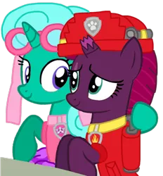 Size: 862x929 | Tagged: safe, artist:徐詩珮, derpibooru import, fizzlepop berrytwist, glitter drops, tempest shadow, pony, unicorn, series:sprglitemplight diary, series:sprglitemplight life jacket days, series:springshadowdrops diary, series:springshadowdrops life jacket days, alternate universe, base used, broken horn, clothes, female, glittershadow, horn, lesbian, marshall (paw patrol), paw patrol, shipping, simple background, skye (paw patrol), transparent background