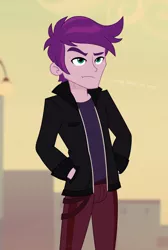Size: 1548x2298 | Tagged: safe, artist:felux, derpibooru import, jewelry thief (character), equestria girls, equestria girls series, alternate clothes, background human, bad, canterlot city, clothes, jacket, male, show accurate, solo