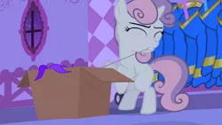 Size: 1280x720 | Tagged: safe, derpibooru import, screencap, sweetie belle, pony, unicorn, for whom the sweetie belle toils, bipedal, box, evil planning in progress, eyes closed, female, filly, foal, lights out, night, oh no she didn't, pulling, rarity's bedroom, revenge, sabotage, sin of envy, solo, thread, wardrobe