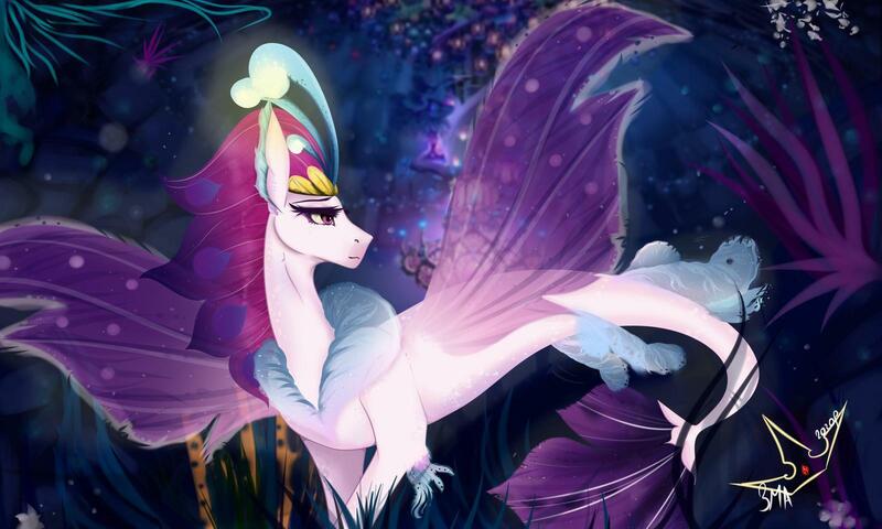 Size: 1600x960 | Tagged: artist:martazap3, bioluminescent, bubble, closed mouth, clothes, coral, crown, derpibooru import, eyelashes, female, fins, fin wings, fish tail, jewelry, logo, my little pony: the movie, purple eyes, queen, queen novo, regalia, safe, seapony (g4), seaquestria, see-through, signature, solo, swimming, tail, underwater, water, wings