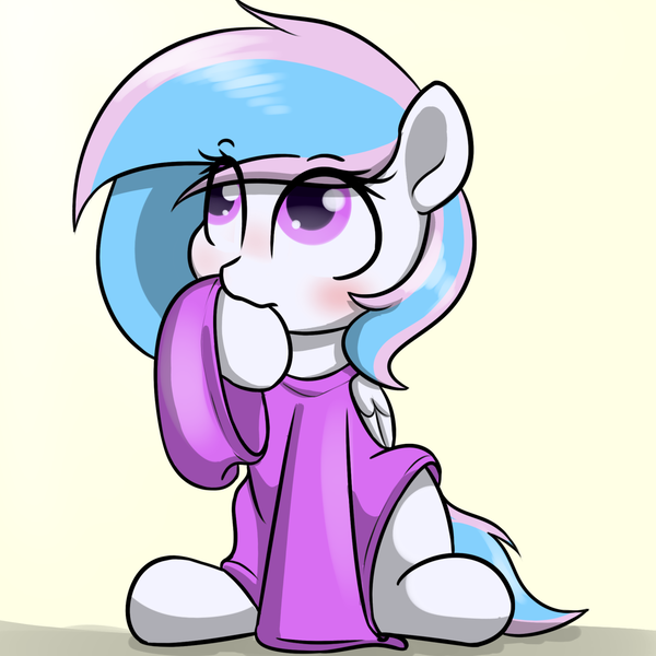 Size: 1280x1280 | Tagged: safe, artist:cupoooo, derpibooru import, oc, oc:starburn, unofficial characters only, pegasus, pony, biting, blushing, clothes, cute, female, hoof biting, mare, ocbetes, oversized clothes, oversized shirt, shirt, simple background, sitting