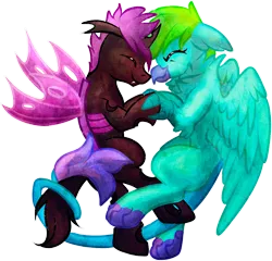 Size: 1024x981 | Tagged: safe, artist:amura-of-jupiter, derpibooru import, oc, unofficial characters only, changeling, gryphon, beak, carapace, claws, couple, cute, cute little fangs, facing each other, fangs, female, floppy ears, flying, green mane, happy, holding hands, holding hooves, horn, love, male, purple changeling, purple mane, purple win, shipping, spread wings, straight, tail wrap, wings