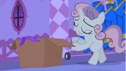 Size: 1280x720 | Tagged: safe, derpibooru import, screencap, sweetie belle, pony, unicorn, for whom the sweetie belle toils, bipedal, box, evil planning in progress, eyes closed, female, filly, foal, lights out, mouth hold, multicolored mane, multicolored tail, night, pleased, rarity's bedroom, revenge, sabotage, sin of envy, smiling, solo, thread