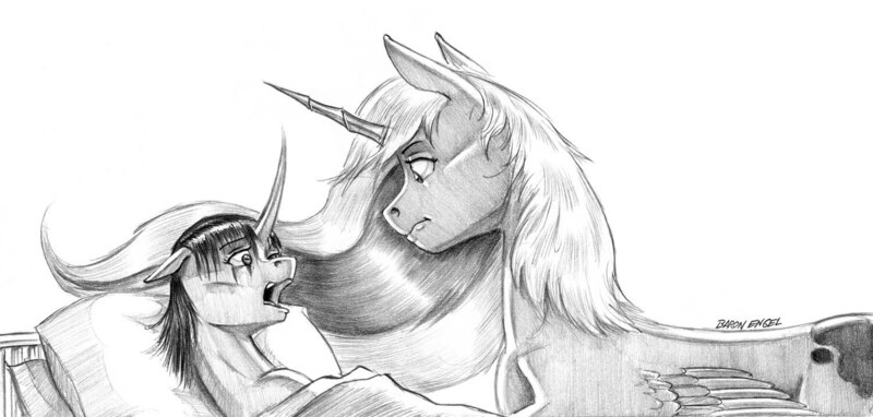 Size: 1500x716 | Tagged: safe, artist:baron engel, derpibooru import, princess luna, oc, oc:prophecy, alicorn, pony, unicorn, female, mare, monochrome, pencil drawing, story included, traditional art