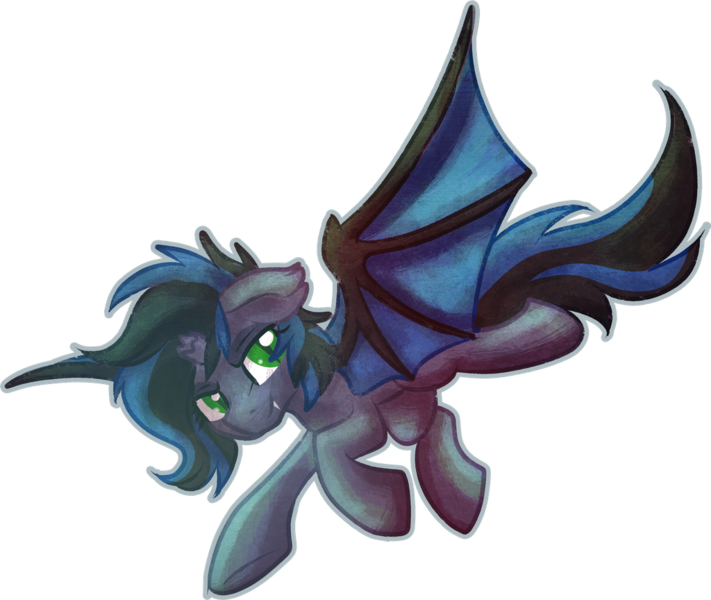 Size: 1024x864 | Tagged: safe, artist:amura-of-jupiter, derpibooru import, oc, oc:kuro, unofficial characters only, bat pony, unicorn, bat pony oc, bat wings, black mane, blue mane, blue wings, broken horn, commission, cute, cute little fangs, ear fluff, eyelashes, eyeshadow, fangs, female, floppy ears, flying, gray coat, green eyes, horn, looking back, makeup, membranous wings, raised hoof, simple background, slit eyes, spread wings, transparent background, wings