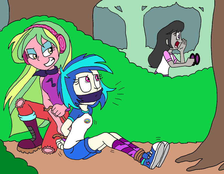 Size: 1381x1075 | Tagged: suggestive, artist:bugssonicx, derpibooru import, lemon zest, octavia melody, vinyl scratch, equestria girls, legend of everfree, 2020, 2020s, arm behind back, bondage, boots, bound and gagged, camp everfree outfits, cloth gag, clothes, denim shorts, forest, gag, glasses, grin, headphones, kidnapped, shirt, shoes, short hair, shorts, smiling, sneakers, socks, sunglasses, t-shirt, tied up