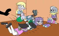 Size: 2233x1368 | Tagged: semi-grimdark, suggestive, artist:bugssonicx, derpibooru import, derpy hooves, maud pie, octavia melody, silver spoon, equestria girls, arm behind back, bondage, boots, bound and gagged, bound wrists, cleave gag, cloth gag, gag, hogtied, shoes, tape, tape gag, tied up