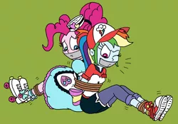 Size: 2332x1627 | Tagged: suggestive, artist:bugssonicx, derpibooru import, pinkie pie, rainbow dash, equestria girls, 2020, 2020s, arm behind back, baseball cap, blue eyes, bondage, bound and gagged, bound together, cap, clothes, converse, damsel in distress, dashsub, diner uniform, dress, female, femsub, frilly socks, gag, girly girl, grass, gym shorts, hat, leggings, name tag, pink eyes, pinkiesub, ponytail, roller skates, rollerblades, shirt, shoes, shorts, sneakers, socks, submissive, t-shirt, tape, tape gag, tied up, tomboy, waitress