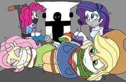 Size: 1546x1002 | Tagged: semi-grimdark, suggestive, artist:bugssonicx, derpibooru import, applejack, fluttershy, pinkie pie, rainbow dash, rarity, equestria girls, applesub, bondage, bound and gagged, cloth gag, cross-popping veins, dashsub, eyes closed, female, femsub, fluttersub, gag, hat, kidnapped, otn gag, over the nose gag, panel gag, pinkiesub, rarisub, silhouette, submissive, tape, tape bondage, tape gag, teary eyes, tied up