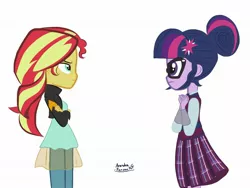 Size: 2048x1536 | Tagged: safe, artist:arandomperson44, derpibooru import, sci-twi, sunset shimmer, twilight sparkle, equestria girls, friendship games, clothes, confrontation, crystal prep academy uniform, duo, female, school uniform, simple background, white background