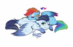Size: 696x445 | Tagged: safe, artist:snowballflo, derpibooru import, rainbow dash, soarin', pegasus, pony, colored wings, cute, eyes closed, female, floppy ears, heart, lying on top of someone, male, mare, one eye closed, pony pillow, prone, shipping, simple background, soarindash, stallion, straight, tail feathers, unshorn fetlocks, white background, wings