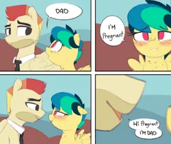 Size: 468x394 | Tagged: safe, artist:shinodage, derpibooru import, edit, oc, oc:apogee, oc:jet stream, apojet, blushing, body freckles, dad joke, father and child, father and daughter, female, freckles, implied incest, implied pregnancy, incest, male, oc x oc, shipping, straight