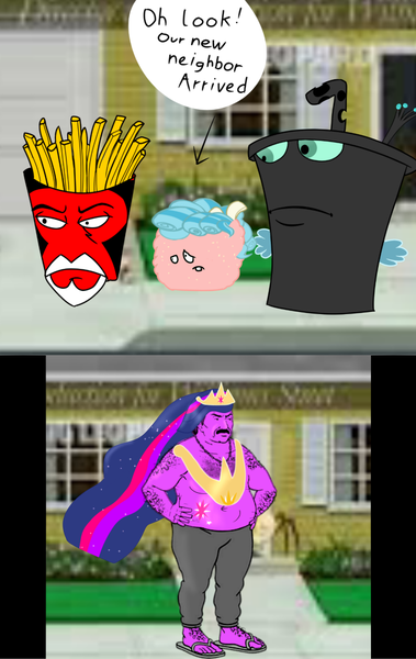 Size: 720x1139 | Tagged: anthro, aqua teen hunger force, artist:samueldavillo, carl brutananadilewski, cozy glow, crossover, derpibooru import, frylock, lord tirek, master shake, meatwad, queen chrysalis, safe, twilight sparkle