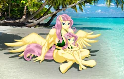 Size: 4252x2727 | Tagged: suggestive, artist:ponymaan, derpibooru import, fluttershy, anthro, bat pony, pegasus, unguligrade anthro, equestria girls, abs, beach, between breasts, biceps, big breasts, bikini, bodybuilder, breasts, busty fluttershy, cleavage, clothes, commission, female, flutterbat, huge breasts, human anthrodox, larger female, muscles, muscleshy, muscular female, ocean, race swap, self ponidox, size difference, smaller female, swimsuit