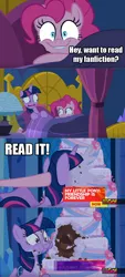 Size: 486x1080 | Tagged: safe, derpibooru import, edit, edited screencap, editor:shyinka, screencap, pinkie pie, twilight sparkle, twilight sparkle (alicorn), alicorn, earth pony, pony, fanfic, cakes for the memories, spoiler:cakes for the memories, spoiler:mlp friendship is forever, caption, exploitable meme, faic, image macro, meme, text