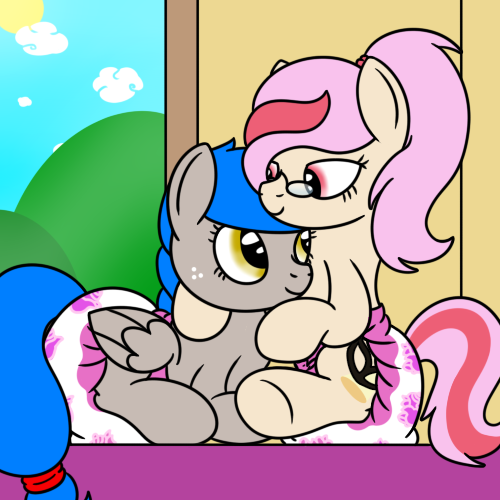 Size: 500x500 | Tagged: questionable, artist:spritepony, derpibooru import, oc, oc:sprite, oc:understudy, unofficial characters only, alicorn, earth pony, pony, adult foal, alicorn oc, cuddling, diaper, diaper fetish, earth pony oc, female, fetish, horn, lesbian, looking at each other, lying down, oc x oc, poofy diaper, redraw, shipping, sitting, snuggling, sprite's ponyville house, wings