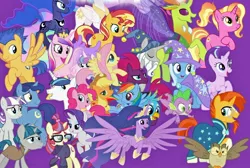 Size: 1024x689 | Tagged: safe, artist:silverbuller, derpibooru import, edit, edited screencap, screencap, applejack, flash sentry, fluttershy, gallus, luster dawn, moondancer, night light, owlowiscious, pinkie pie, princess cadance, princess celestia, princess flurry heart, princess luna, princess twilight 2.0, rainbow dash, rarity, spike, star swirl the bearded, starlight glimmer, stygian, sunburst, sunset shimmer, tempest shadow, thorax, trixie, twilight sparkle, twilight sparkle (alicorn), twilight velvet, alicorn, bird, changedling, changeling, dragon, earth pony, owl, pegasus, pony, unicorn, the last problem, female, king thorax, male, mane seven, mane six, mare, winged spike, wings