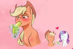 Size: 1620x1080 | Tagged: suggestive, artist:gloomydinosaur, derpibooru import, applejack, rarity, earth pony, unicorn, banana, blushing, floating heart, food, heart, implied blowjob, implied lesbian, implied oral, implied rarijack, implied sex, implied shipping, levitation, magic, simple background, suggestive eating, sweat, sweatdrops, telekinesis