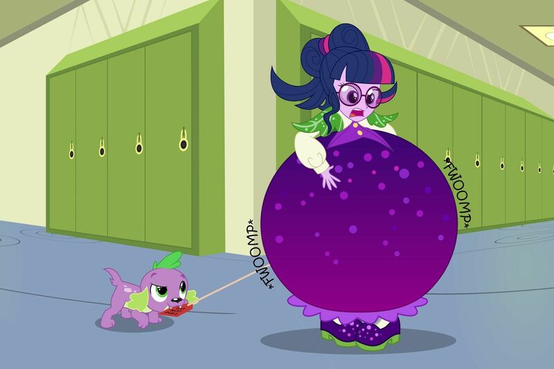 Size: 1600x1067 | Tagged: safe, artist:buttonbuster, artist:mintydrop2013, derpibooru import, sci-twi, spike, spike the regular dog, twilight sparkle, dog, equestria girls, equestria girls series, holidays unwrapped, spoiler:eqg series (season 2), cord pulling, cornucopia costumes, eggplant, eggplant sparkle, food, inflatable, inflatable dress, inflating, inflation, o come all ye squashful, pullcord, pulling