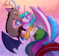 Size: 2218x2103 | Tagged: safe, artist:asikku, derpibooru import, discord, princess celestia, alicorn, draconequus, pony, dislestia, female, high res, hug, male, mare, shipping, straight