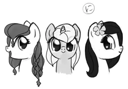 Size: 1400x974 | Tagged: safe, artist:nimaru, derpibooru import, oc, oc:luau, oc:rose petal, oc:winter willow, earth pony, pegasus, pony, unicorn, bust, female, flower, flower in hair, mare, monochrome, portrait