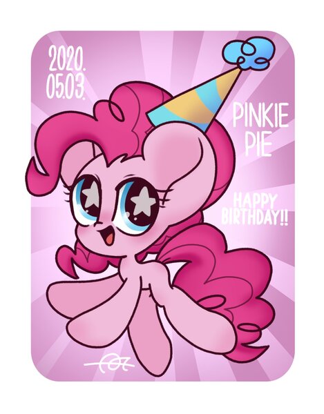 Size: 1602x2048 | Tagged: safe, artist:oc_ponys, derpibooru import, pinkie pie, earth pony, pony, abstract background, birthday, chibi, cute, diapinkes, female, happy birthday, hat, mare, open mouth, party hat, pinkie pie's birthday, solo, starry eyes, wingding eyes