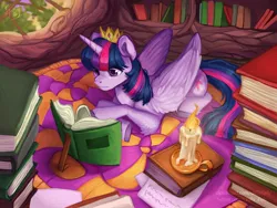 Size: 2048x1536 | Tagged: safe, artist:chillyfish, derpibooru import, twilight sparkle, twilight sparkle (alicorn), alicorn, pony, book, candle, colored hooves, crown, female, golden oaks library, jewelry, leg fluff, library, mare, prone, reading, regalia, rug, solo, window