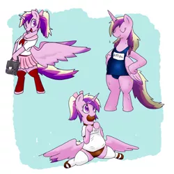 Size: 1000x1000 | Tagged: safe, artist:kushina13, derpibooru import, princess cadance, alicorn, pony, semi-anthro, alternate hairstyle, bag, bipedal, clothes, cookie, cute, cutedance, eyes closed, female, food, horn, image, japanese, jpeg, mare, moon runes, mouth hold, one-piece swimsuit, ponytail, school swimsuit, school uniform, skirt, smiling, solo, sports panties, spread wings, sukumizu, swimsuit, wings
