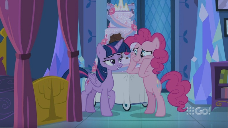 Size: 1438x808 | Tagged: safe, derpibooru import, screencap, pinkie pie, twilight sparkle, twilight sparkle (alicorn), alicorn, earth pony, pony, cakes for the memories, spoiler:cakes for the memories, spoiler:mlp friendship is forever, 9go, bed, bedroom eyes, bipedal, cake, crying, female, food, mare, tears of joy