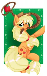 Size: 2068x3300 | Tagged: safe, artist:snowdeer97, derpibooru import, applejack, earth pony, pony, abstract background, apple, cute, female, food, high res, jackabetes, lasso, looking at you, mare, mouth hold, rearing, rope, solo