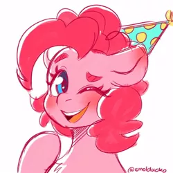 Size: 1000x1000 | Tagged: safe, artist:cottonsweets, artist:smolducko, derpibooru import, pinkie pie, earth pony, pony, birthday, blushing, bust, chest fluff, cute, diapinkes, female, hat, mare, one eye closed, open mouth, party hat, portrait, simple background, solo, white background, wink