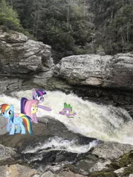 Size: 1068x1423 | Tagged: safe, derpibooru import, photographer:undeadponysoldier, fluttershy, rainbow dash, spike, twilight sparkle, dragon, pegasus, pony, unicorn, concerned, female, linville falls, male, mare, rapids, rescue, rock, saving a life, scared, unicorn twilight, water, wet, wet mane, worried