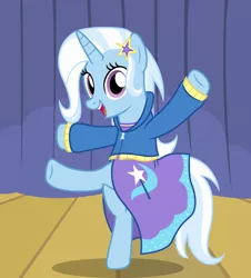 Size: 1762x1953 | Tagged: safe, artist:badumsquish, derpibooru import, trixie, ponified, pony, unicorn, equestria girls, alternate hairstyle, alternate manestyle, bipedal, can can, can-can, clothes, cutie mark, cutie mark on clothes, dancing, equestria girls ponified, female, hair ornament, high kick, hooded jacket, hoodie, jacket, kick, kicking, looking at you, mare, radio city rockettes, shirt, show accurate, skirt, stage, zipper