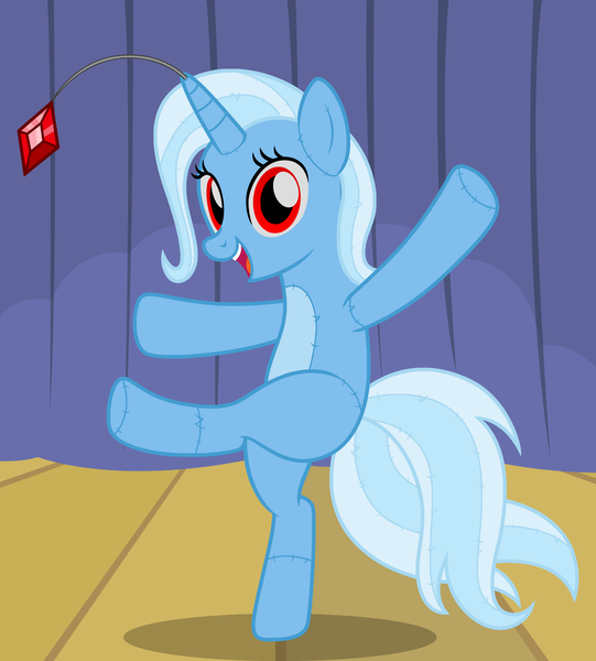 Size: 1762x1953 | Tagged: safe, artist:badumsquish, derpibooru import, trixie, ponified, original species, plush pony, pony, robot, robot pony, unicorn, bipedal, can can, can-can, clone, dancing, female, high kick, kick, kicking, living doll, looking at you, mare, missing cutie mark, multiple tails, pale belly, plushie, radio city rockettes, red eyes, show accurate, sonic the hedgehog (series), stage, stitches, tails doll, trixie doll, two tails, two-tone coat