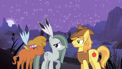 Size: 2064x1165 | Tagged: safe, derpibooru import, braeburn, little strongheart, marble pie, buffalo, earth pony, pony, braeble, braeheart, camp, cute, desert, feather, female, friendship, friendshipping, looking at each other, male, marblebetes, moon, movie reference, night, scenery, shipping, stars, straight, tent, tipi, youtube link