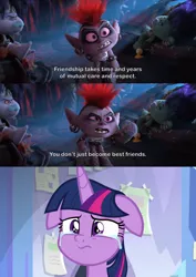 Size: 2000x2827 | Tagged: safe, derpibooru import, edit, edited screencap, screencap, twilight sparkle, twilight sparkle (alicorn), alicorn, pony, the ending of the end, cheese whiz, comic, crying, crylight sparkle, ear piercing, eyeshadow, female, fishnets, floppy ears, invitation, makeup, mare, mohawk, piercing, queen barb, rock trolls, screencap comic, trolls, trolls world tour